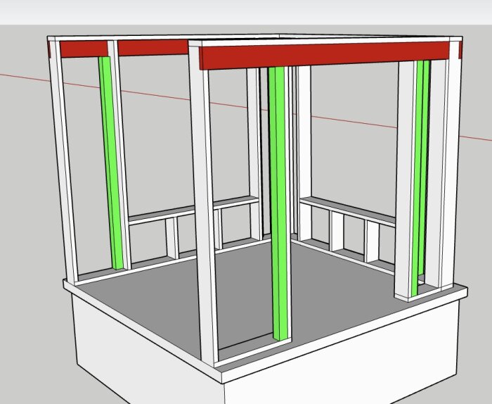 3D-ritning av en väggkonstruktion med röd balk överst och gröna vertikala stolpar.