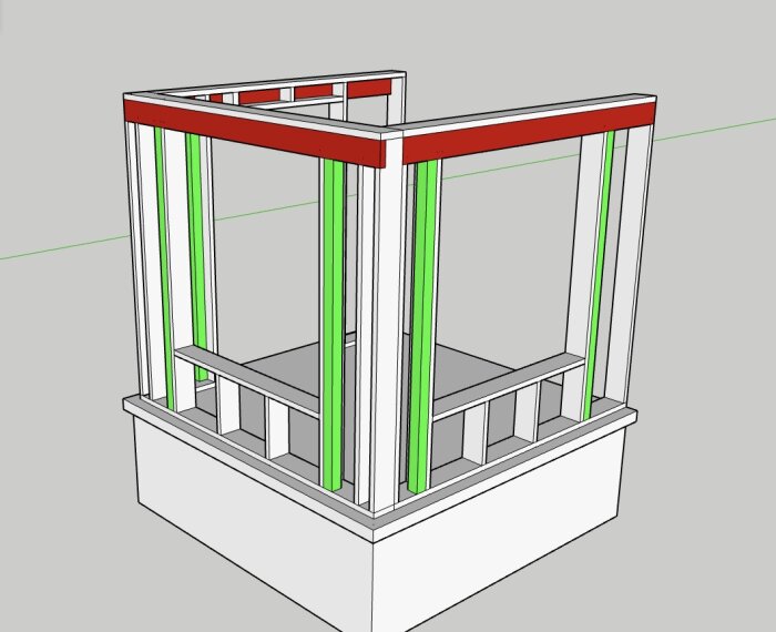 3D-ritning av trästomme för tillbyggnad med röd balk och gröna sidobalkar.