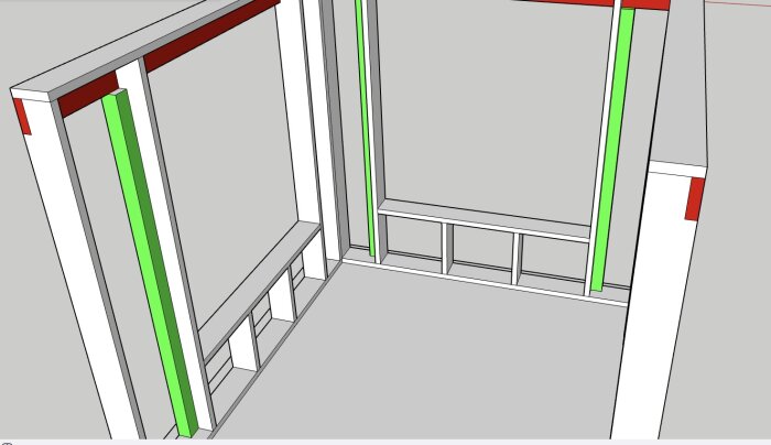 3D-ritning av en träkonstruktion för tillbyggnad med markerade balkar och sidobalkar i rött och grönt.