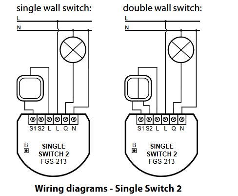 Schematiska kopplingsdiagram för enkel- och dubbelväggströmbrytare anslutna till en FGS-213-enhet.