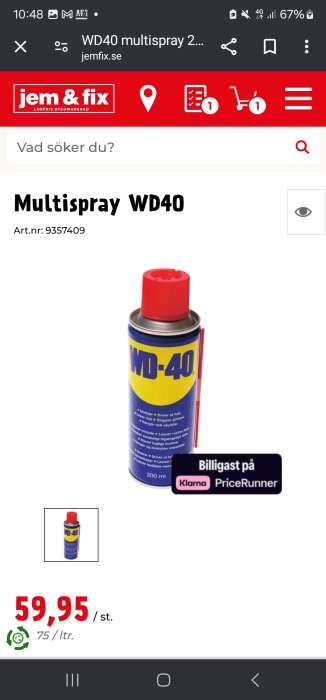 En skärmbild av Jem & Fix webbsida som visar en burk WD-40 Multispray med prisinformation.