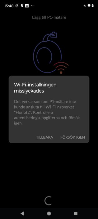 Skärmdump av P1-mätarens installationsprocess som visar ett Wi-Fi-anslutningsfelmeddelande.