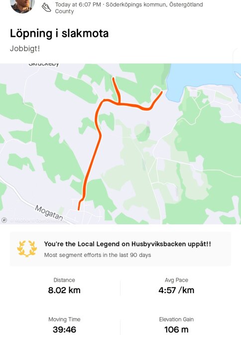 Skärmavbild av en löprunda på 8,02 km med ruttkarta och statistik inklusive tid och höjdmeter.