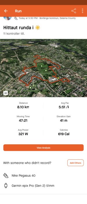 Skärmklipp av löpningsapp med karta som visar 8,10 km rundad springrutt i terräng och träningsdata.