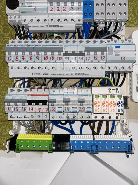 Välorienterad elektrisk säkringspanel med numrerade kretsar och ordnad kabeldragning.