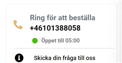 Kontaktsektion med telefonnummer och öppettider där det står "Öppet till 05:00".