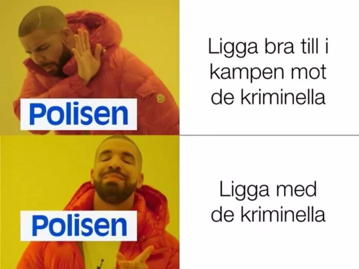 Meme med två paneler: Man gestikulerar nej till texten "Polisen ligger bra till i kampen mot de kriminella" och ja till "Polisen ligger med de kriminella".