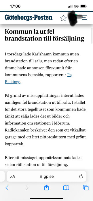 Skärmdump av nyhetsartikel från Göteborgs-Posten om fel brandstation utannonserad till försäljning.