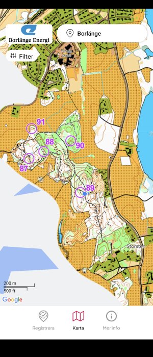 Orienteringskarta över Borlänge med markerade kontroller och terränginformation.