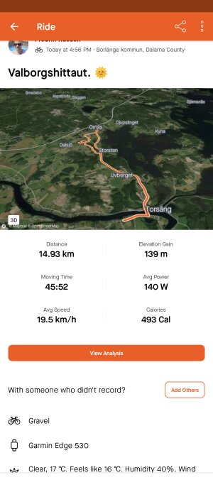 Skärmbild av cykeltur data med karta, sträcka, tid, hastighet och väderinformation.