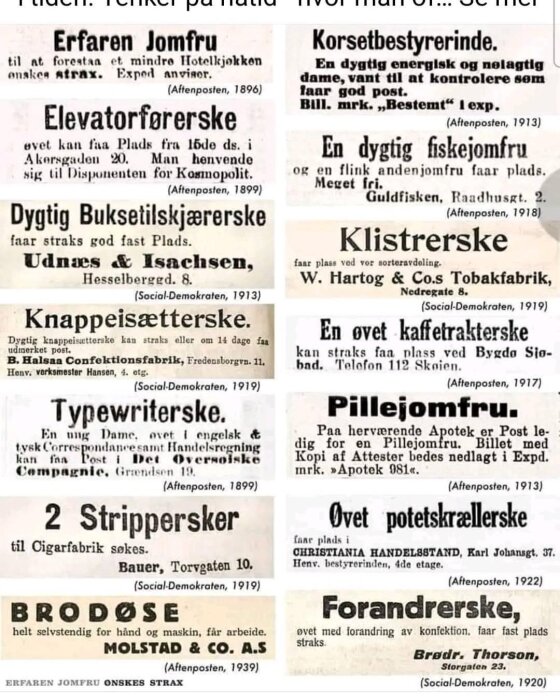 Kollage av historiska annonser med eftertraktade yrken från Norge, såsom "Erfaren Jomfru" och "Korsetbestyrerinde".