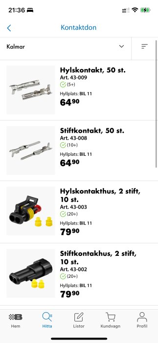 Skärmbild från Biltema-appen som visar olika kontaktprodukter och deras priser.