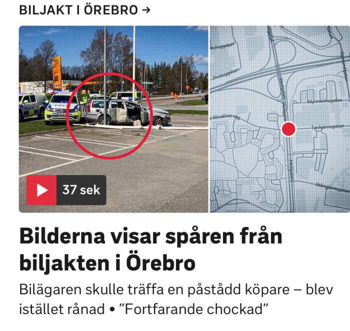 Polisbilar vid en bilolycka med en personbil inringad i rött, jämte en karta med röd markering.