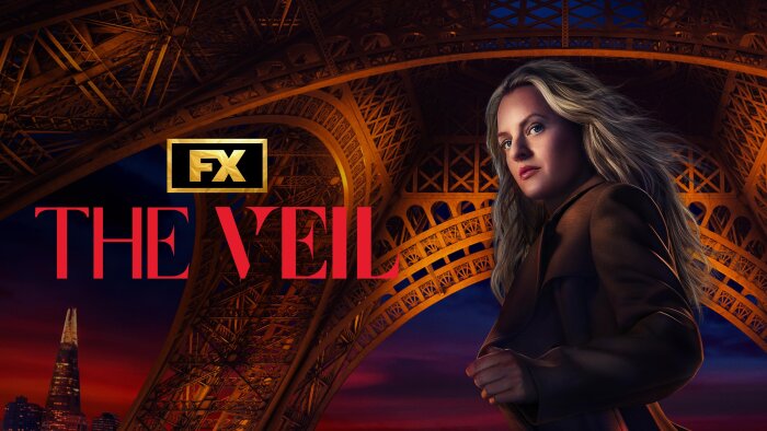 Affisch för TV-serien "The Veil" med en kvinna framför Eiffeltornet och FX-nätverkets logotyp.