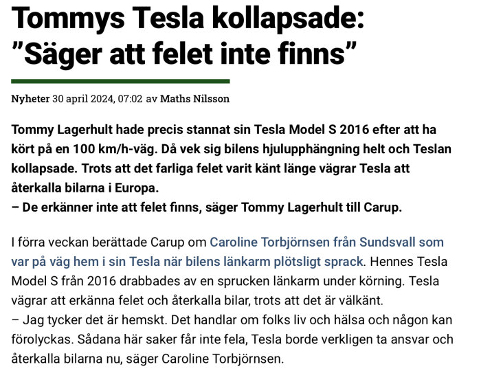 Skärmdump av nyhetsartikel om Teslas chassi-problem och företagets ovilja att erkänna felet.