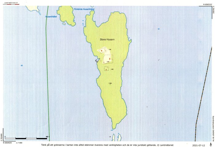 Kartbild över Stora Husarn, en ö till salu med markeringar för två sommarstugor.