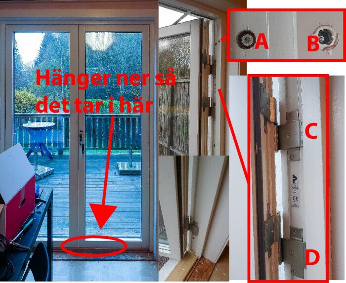 Altandörr som hänger, markerade områden där den tar i och justerpunkter A, B, C och D på dörrkarmen.