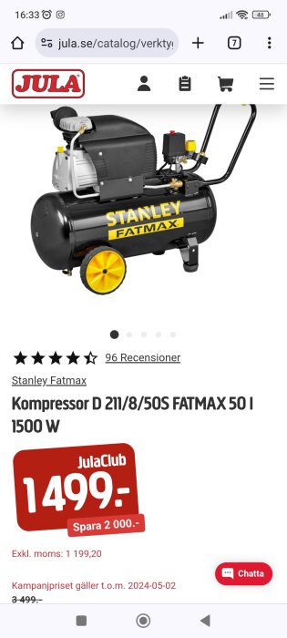 Stanley Fatmax 50l kompressor med gul svart design på webbsida, pris och recensioner synliga.