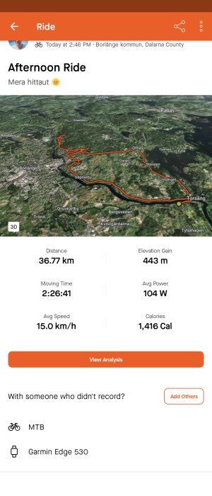 Skärmavbild av cykelapp med karta över genomförd cykeltur i Borlänge, information om distans, tid och höjdstigning.