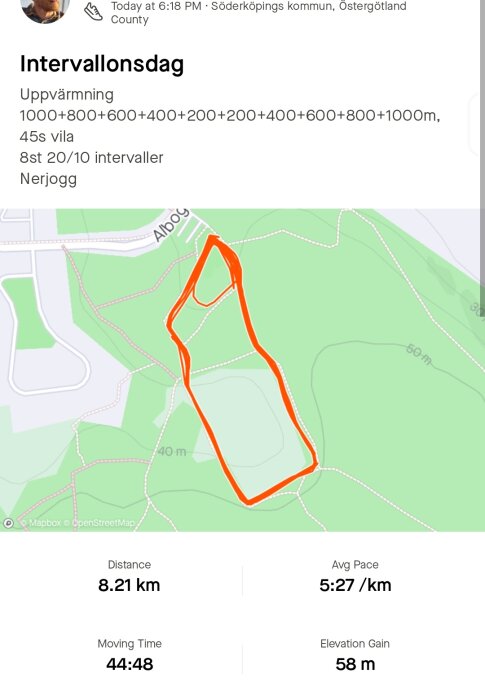 Skärmdump av träningsapp visar en löprunda på kartan och träningens statistik som sträcka och snitthastighet.