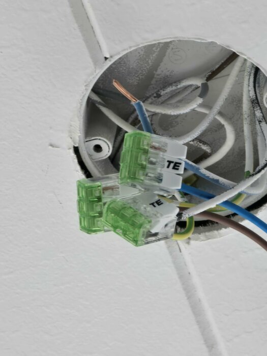 Elektriska kablar och kopplingsenheter i en takdosa, inklusive en lös blå kabel och jordkablar.
