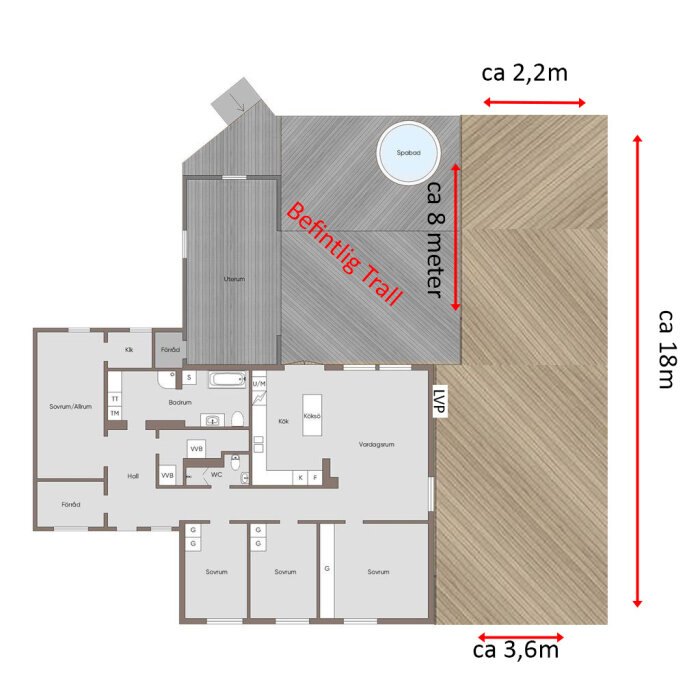 Planritning av en bostad med markerad utbyggnad av en trall i diagonal läggning.