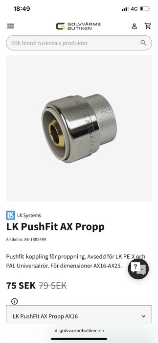 LK Systems PushFit AX Propp koppling för rörproppning vid provtryckning.