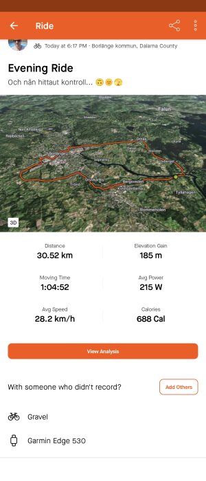 Skärmdump av en kvällscykelturs statistik och rutt på en karta runt Borlänge kommun, Dalarna.