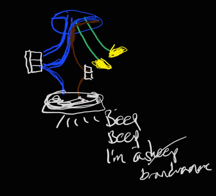 Enklare ritning som visar en brandvarnare kopplad med två blå, en brun och två gula jordkablar. Text: "Beep beep I'm a sheep brandvarnare".