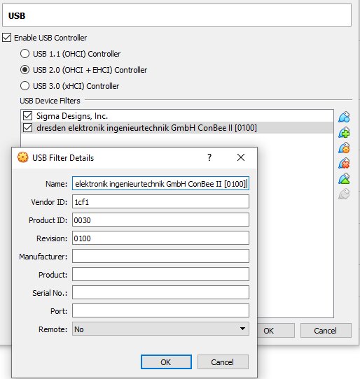 Skärmbild av USB-inställningar i en virtualiseringsmjukvara med fokus på en USB-enhet, ConBee II.