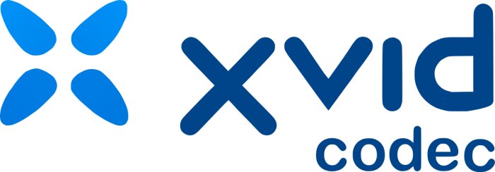Logotyp för Xvid codec med stiliserad fjäril i blått och texten 'Xvid' och 'codec' i blått.