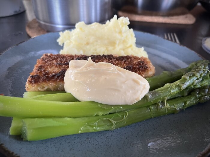 Panerad torsk med potatismos, kokt sparris och klick av hollandaisesås på tallrik.