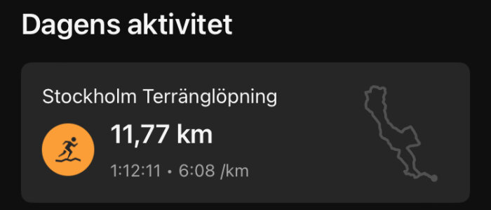 Skärmdump av en löparapp som visar en terränglöpning i Stockholm på 11,77 km, tid 1:12:11 och tempo 6:08/km.
