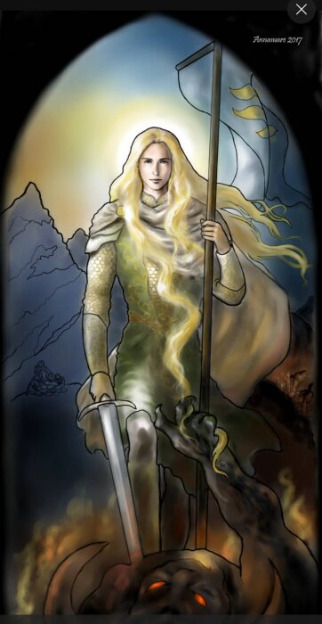 Illustration av en alvliknande figur med långt blont hår som håller en stång, med en nederlagd mörkmakt vid sina fötter.