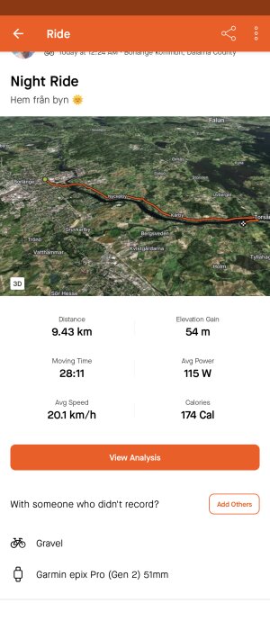 Skärmavbild av cykelfärd med rutt mot Falun, 9,43 km, tid 28:11 och data om höjdvinst samt kaloriförbrukning.