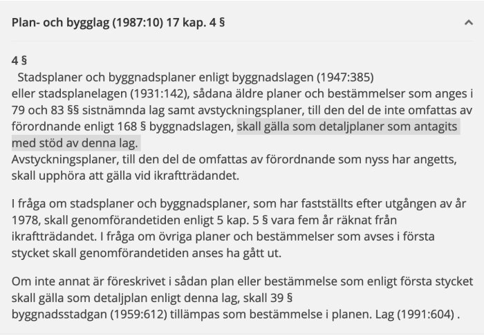 Skärmbild av texten från Plan- och bygglag (1987:10) 17 kap. 4 § med viktig del markerad.