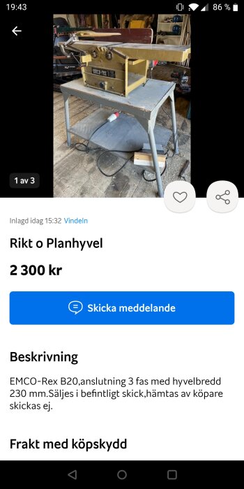 EMCO-Rex B20 rikthövel och planhyvel på ett metallställ, används för bearbetning av trä, till salu.