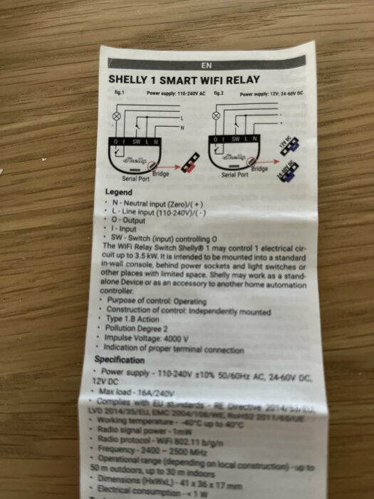 Instruktionsdiagram för inkoppling av Shelly 1 Smart WiFi Relay på en instruktionsmanual.