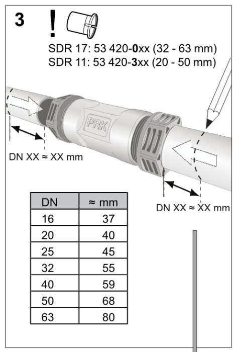 Illustration av PRK-koppling för tappvatten med blå kompressionshylsa och storlekstabell för rördimensioner.