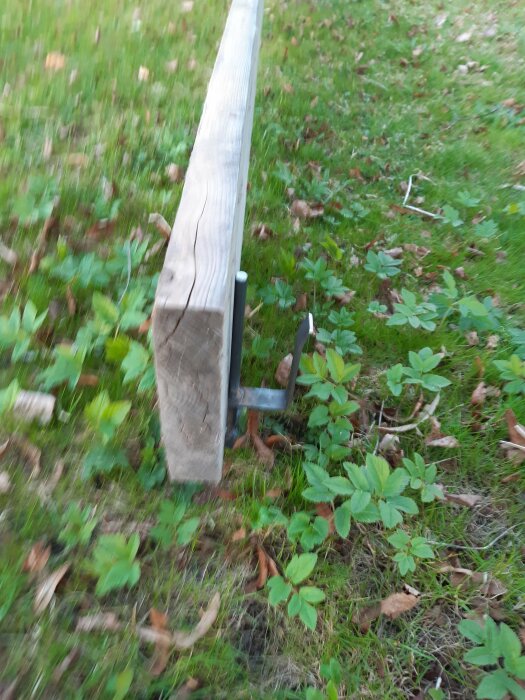Planka monterad på en hemmagjord trädgårdsavspärrning med metalldelar i en gräsbevuxen trädgård.
