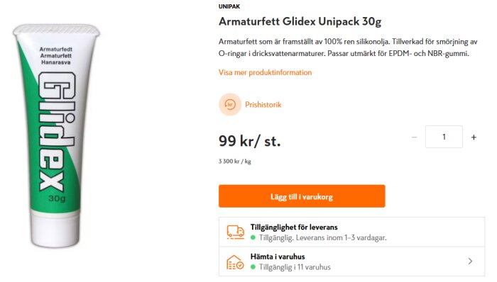 Tub med Glidex armaturfett på 30g för underhåll av vattenarmaturer, passar EPDM- och NBR-gummi.