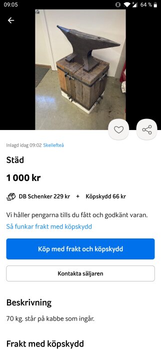 Städ (ambolt) på träblock till salu, annonserat i Skellefteå med pris och köpinfo.