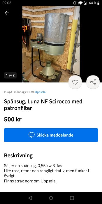 Spånsug Luna NF Scirocco med patronfilter monterad i verkstadsmiljö, tecken på användning och rost, säljes för 500 kr.