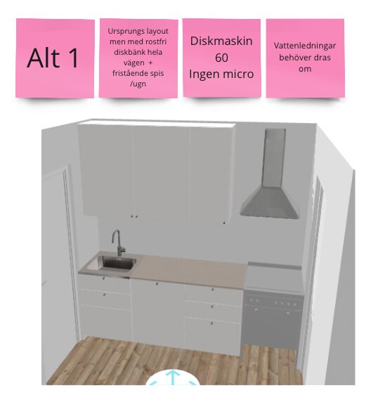 3D-skiss av en kökslayout med diskbänk, spis och diskmaskin samt noteringar om ändringar.