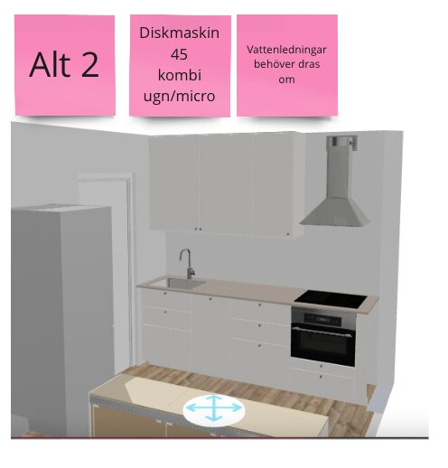 3D-rendering av ett kök med diskho, diskmaskin och kombinerad ugn/mikrovågsugn, märkt 'Alt 2'. Notering om omplacering av vattenledningar.