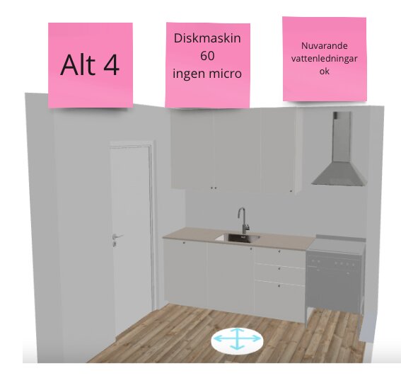 3D-visualisering av kökslayout med märkning för diskmaskin och vattenledningar, ingen mikrovågsugn.