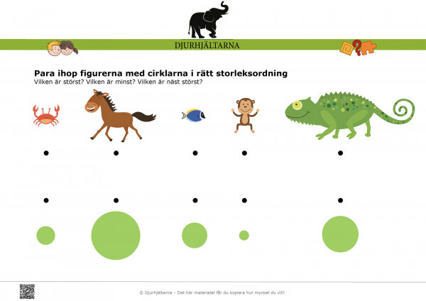 Pedagogisk bild på uppgift där barn ska para ihop djur med cirklar i storleksordning.