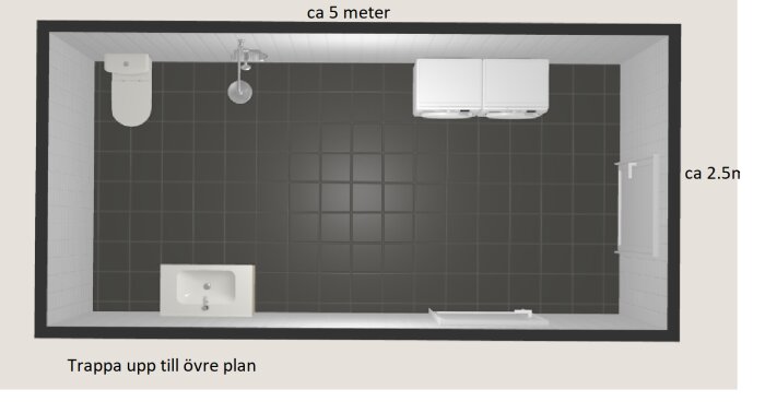 3D-ritning över ett planerat badrum och tvättstuga i källare med måttangivelser.