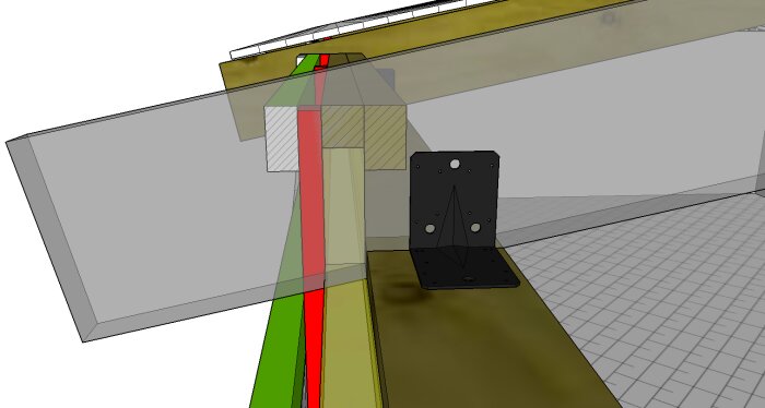 3D-modell av takkonstruktion med färgkodning för olika material i isoleringsskiktet.