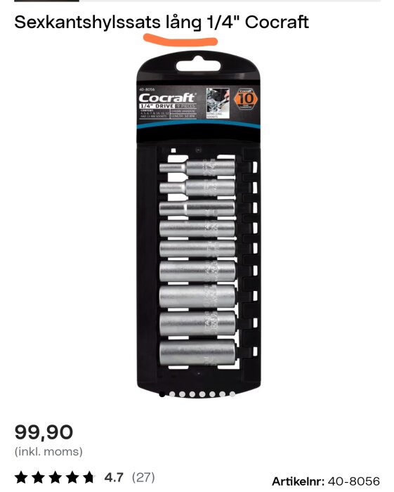 Cocraft lång sexkanthylssats för 1/4" fäste presenterad i förpackning, potentiellt alternativ till glödstiftshylsor.